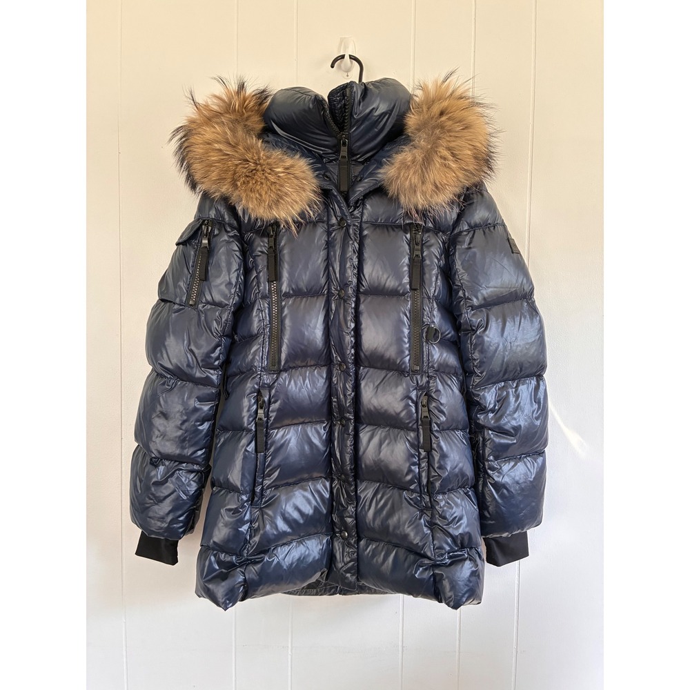 SAM. New York Women Navy Blue Glossy Down Puffer Jacket Fur Hood Size M